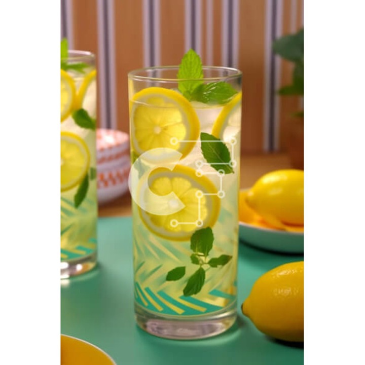 Puzzle din lemn Intrahome, 25 piese, imagine cu doua pahare de limonada pe masa verde, 10x10cm, cutie din lemn wenge