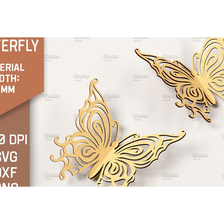 Decoratiune din lemn taiat cu laser, Intrahome, fluture 3D, 30x20 cm, din plywood 3mm-4mm