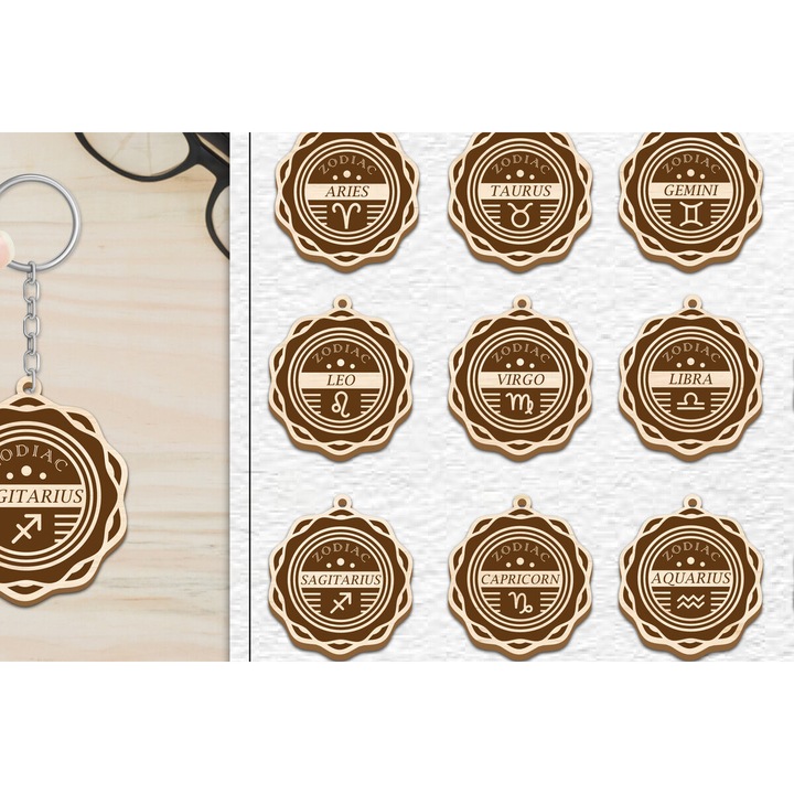 Breloc zodiacal din lemn, Intrahome, 12 modele, 6x6 cm, set