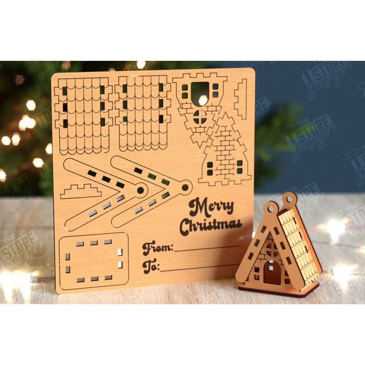 Felicitare 3D Christougenniatiko Spiti, Intrahome, 15x15 cm, din plywood 3mm-4mm, pentru decorare si proiecte DIY