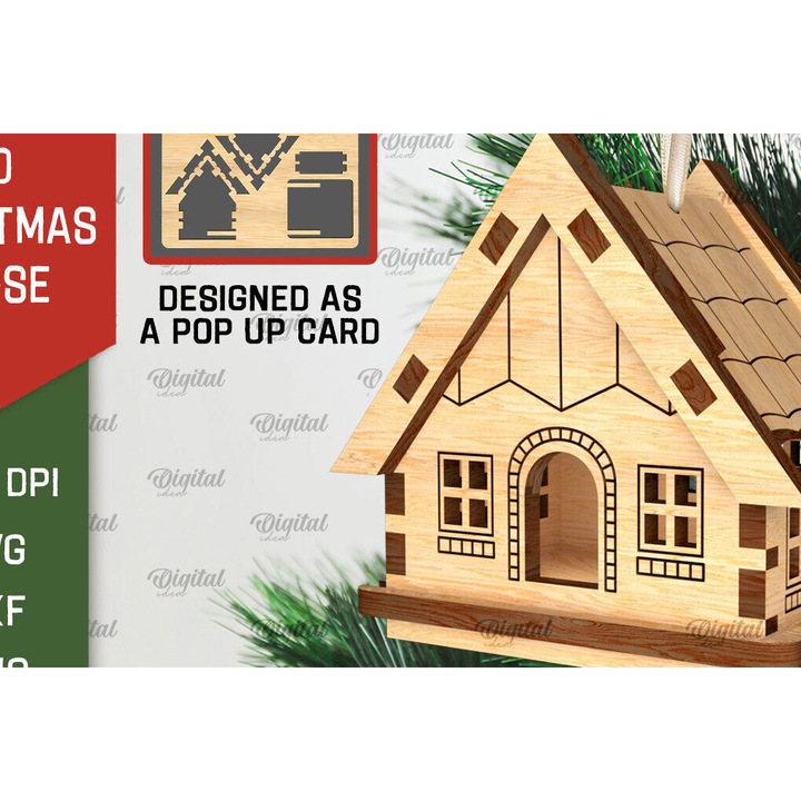 Set 3D Christougenniatiko Spiti, Intrahome, 15x15cm, din plywood, 3mm-4mm, pentru decoratiuni si proiecte DIY