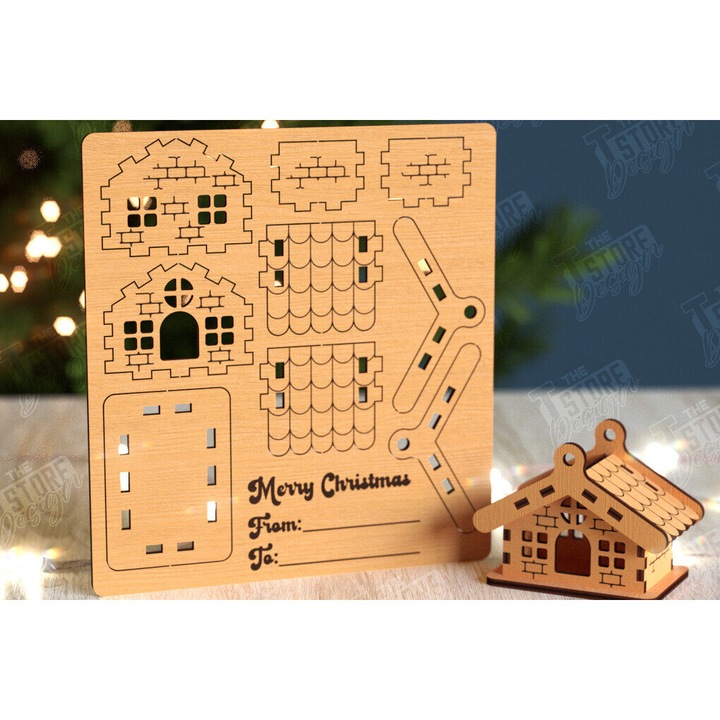 Felicitare 3D Christougenniatiko Spiti, Intrahome, dimensiune 15x15 cm, din plywood 3mm-4mm, pentru decorare si proiecte DIY