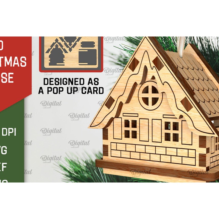 Set felicitari 3D Christougenniatiko Spiti, Intrahome, dimensiuni 15x15 cm, din plywood 3mm-4mm
