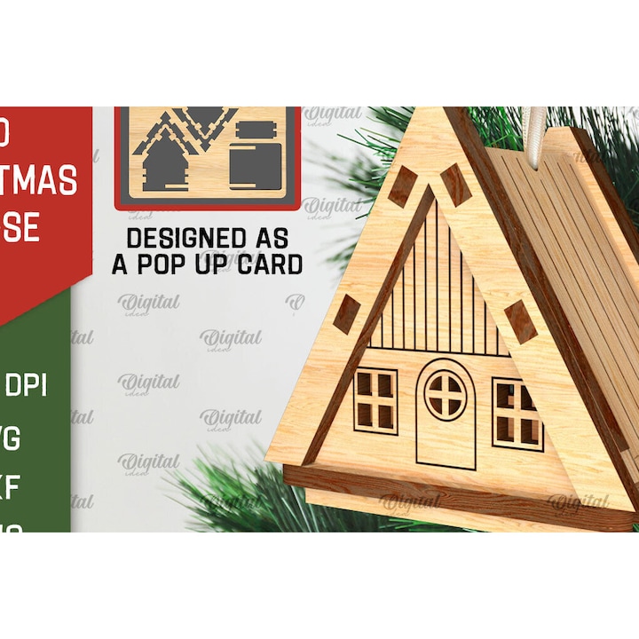 Set felicitari 3D Christougenniatiko Spiti, Intrahome, dimensiuni 15x15 cm, din plywood 3mm-4mm, ideal pentru decoratiuni si proiecte DIY