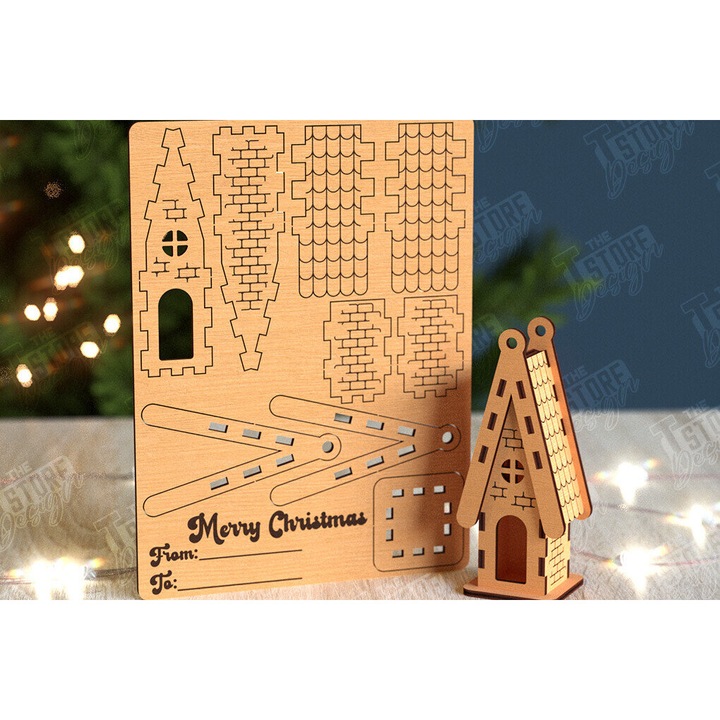 Felicitare 3D Christougenniatiko Spiti, Intrahome, 15x15 cm, din plywood, pentru decoratiuni si proiecte DIY