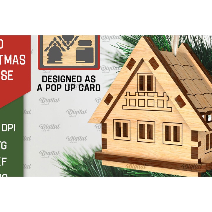 Felicitare 3D Christougenniatiko Spiti, Intrahome, 15x15cm, din plywood, pentru decoratiuni si proiecte DIY