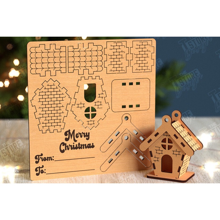 Felicitare 3D Christougenniatiko Spiti, Intrahome, Plywood 3mm-4mm, 15x15 cm