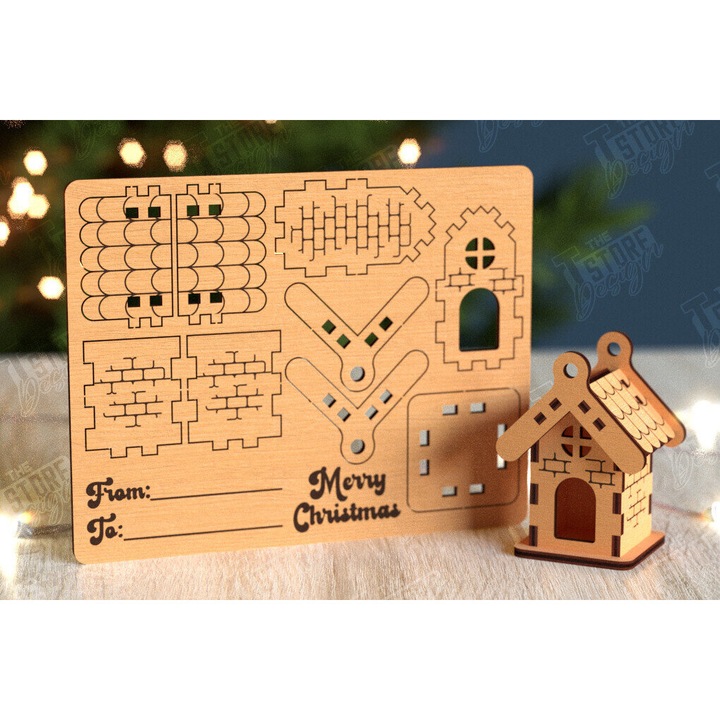 Felicitare 3D Christougenniatiko Spiti, Intrahome, dimensiune 15x15 cm, din plywood 3mm-4mm, pentru decorare si proiecte DIY