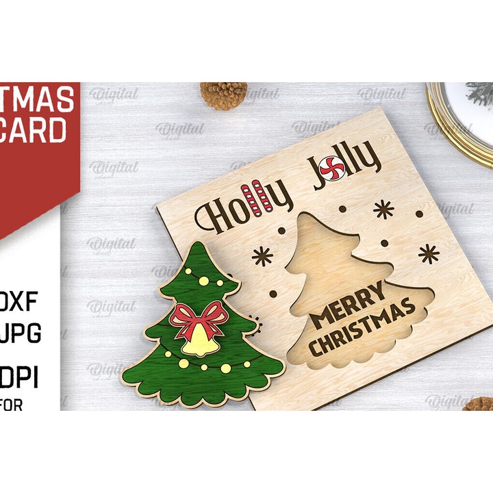 Felicitari, Intrahome, carte de Craciun tridimensionala, 15x15 cm, din plywood 3mm-4mm, set