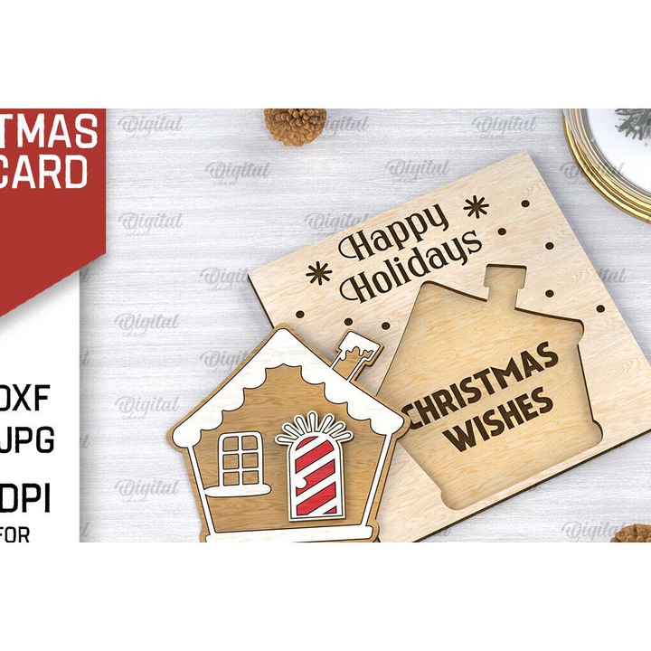 Felicitari, Intrahome, carte de Craciun tridimensionala, 15x15 cm, din plywood 3mm-4mm, set