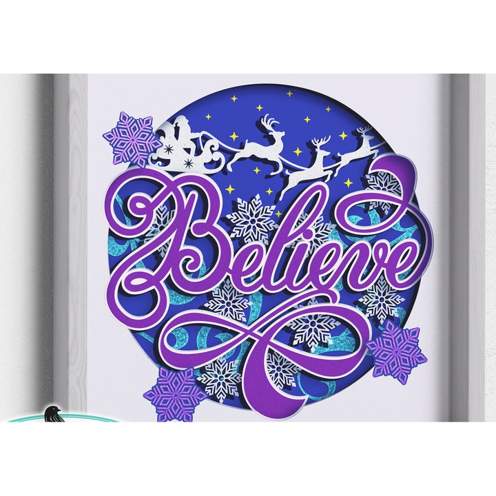 Cutie de umbra 3D Believe Santa, Intrahome, 8x8 cm, din plywood, pentru decoratiuni si proiecte DIY