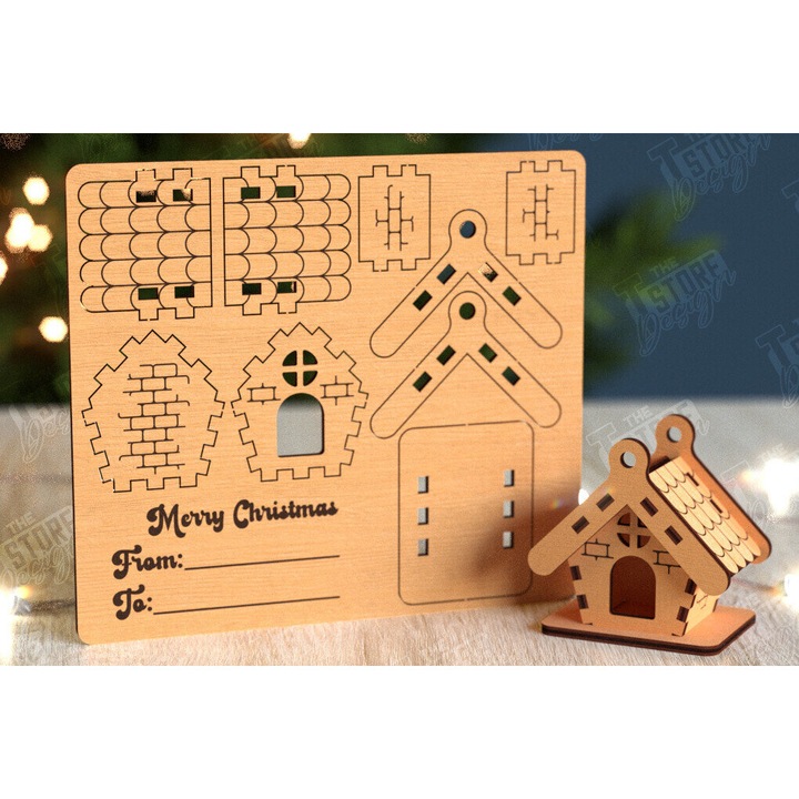 Felicitare 3D Christougenniatiko Spiti, Intrahome, 15x15 cm, din plywood, pentru decoratiuni si proiecte DIY