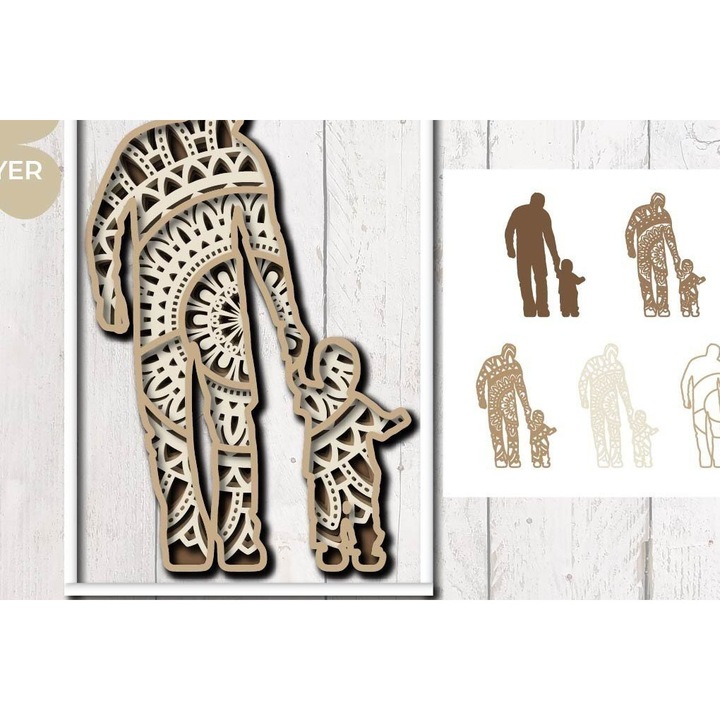 Placa lemn 3D Tata cu Copil Mandala Stratificata, 30x30 cm, Plywood 3mm-4mm, Set