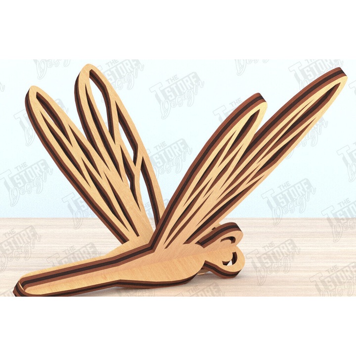 Placa lemn 3D Dragonfly, Intrahome, 30x20 cm, din plywood 3mm-4mm, pentru decoratiuni si proiecte DIY