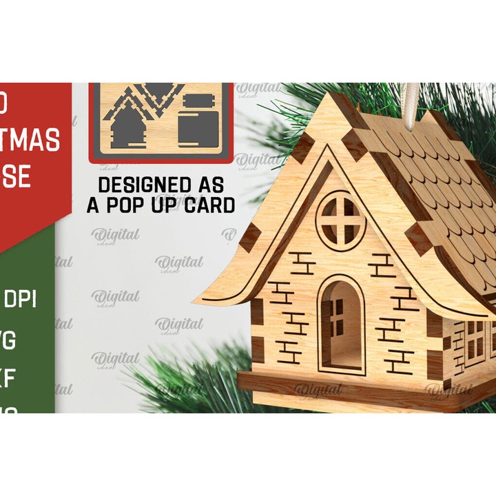 Felicitare 3D Christougenniatiko Spiti, Intrahome, dimensiuni 15x15 cm, din plywood 3mm, pentru decorare si proiecte DIY