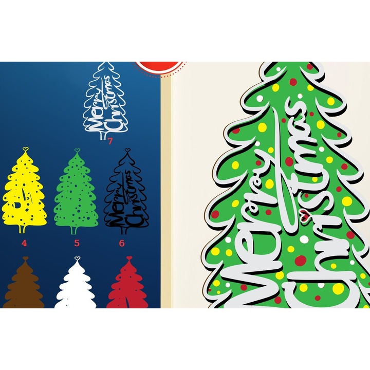 Copac tridimensional de Craciun din plywood, 30x20 cm, set decorativ, Intrahome