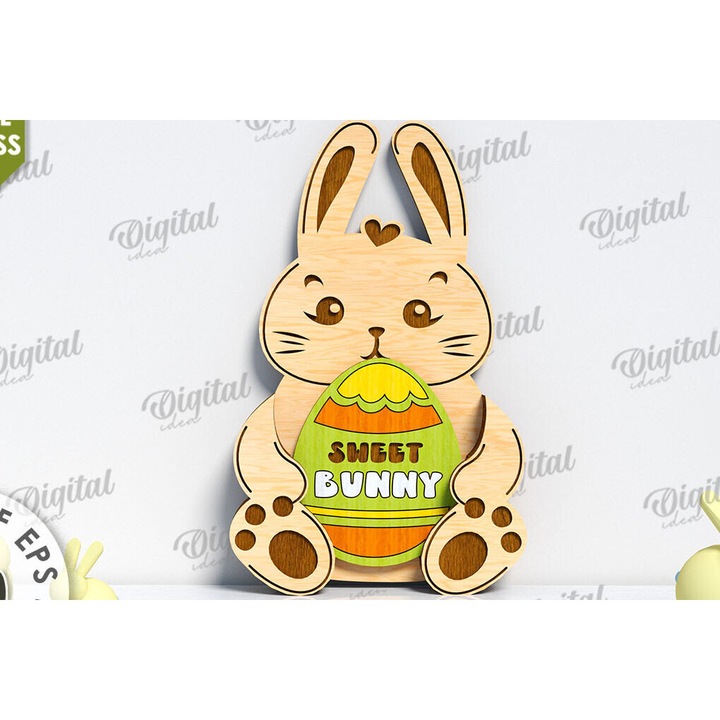 Decoratiune de Paste, Intrahome, taiere tridimensionala cu motiv de iepuras, 15x15 cm, din plywood 3mm-4mm, set