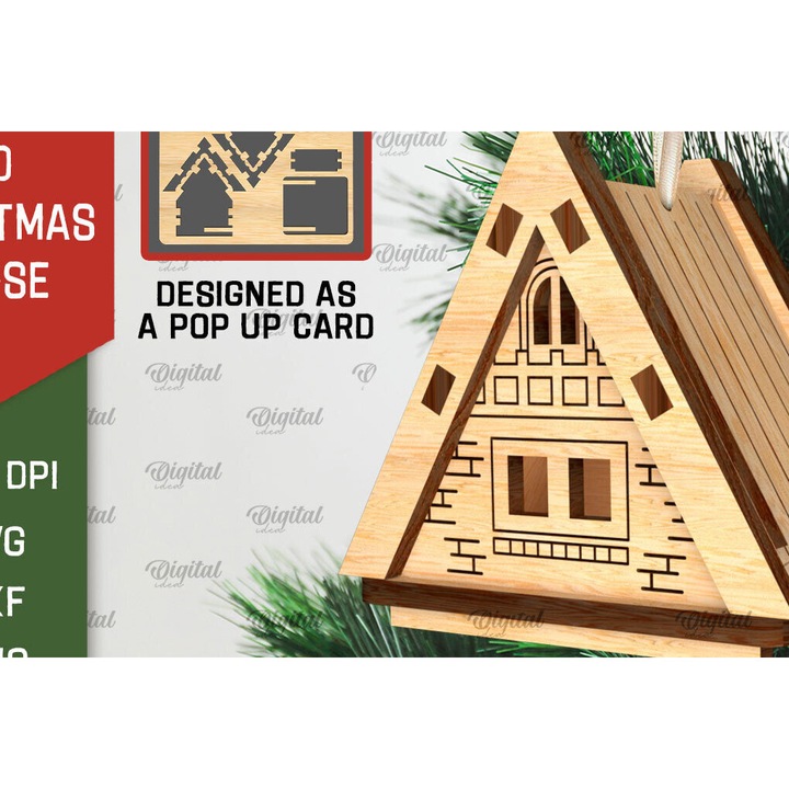 Set 3D felicitari Craciun, Intrahome, dimensiuni 15x15 cm si 3x3 cm, din plywood 3mm-4mm