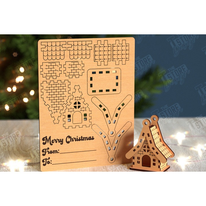 Set felicitari 3D Christougenniatiko Spiti, Intrahome, dimensiune 15x15 cm, din plywood 3mm-4mm, pentru decoratiuni si proiecte DIY