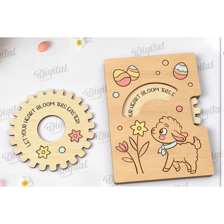 Felicitare tridimensionala din lemn, Intrahome, 15x15 cm, pentru Paste, realizata din plywood 3mm-4mm