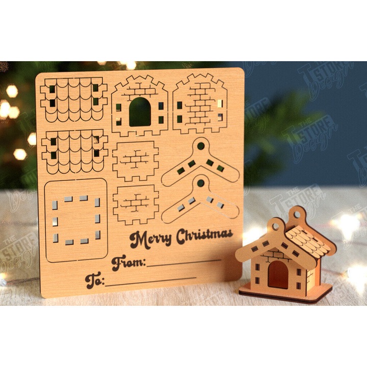 Felicitare 3D Christougenniatiko Spiti, Intrahome, Plywood 3mm-4mm, 15x15 cm