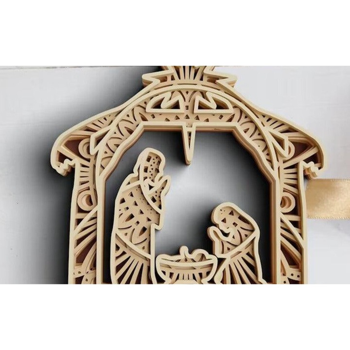 Figurina decorativa Craciun, Intrahome, Nasterea 3D 5 straturi, 30x30 cm, din plywood 3mm-4mm