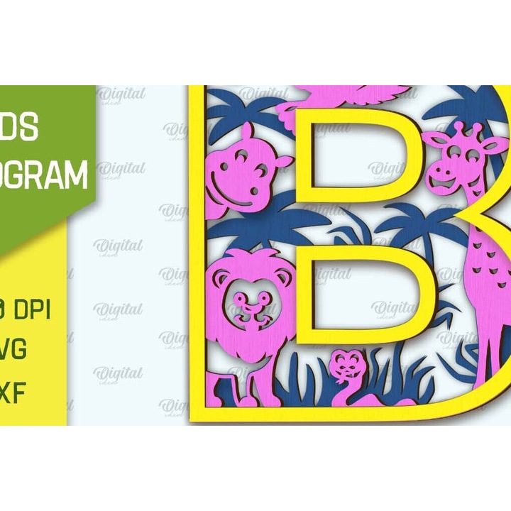 Monograma tridimensionala din lemn cu laser Gramma B, 30x20 cm, set, Intrahome