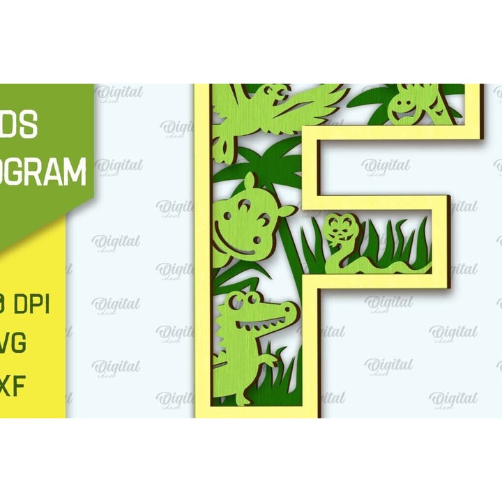 Monograma tridimensionala din lemn, Letter F, 30x20 cm, set, Intrahome