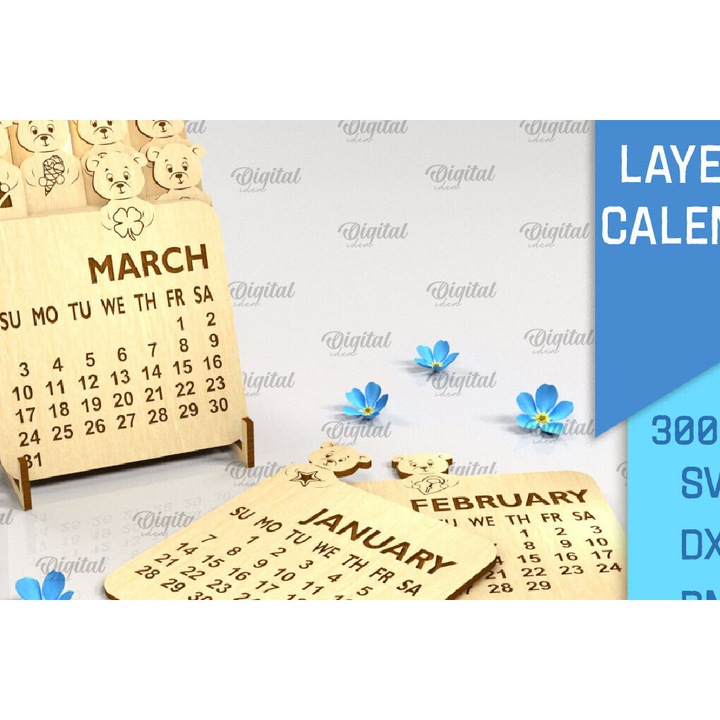 Calendar 3D stratificat, Intrahome, 30x20 cm, din plywood 3mm-4mm, pentru decorare si proiecte DIY