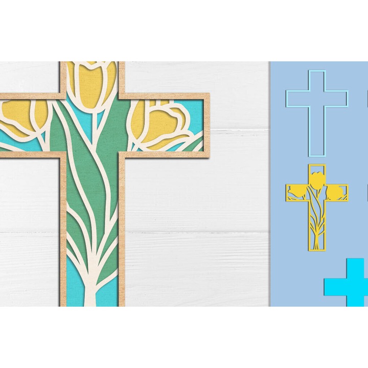 Crucifix 3D stratificat, Floare, Plywood 3mm-4mm, 5x5 cm, set de decoratiuni