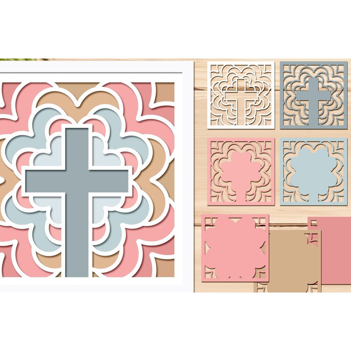 Crucifix 3D stratificat, Mandala Papercut, 8x8 cm, din plywood, set decorativ