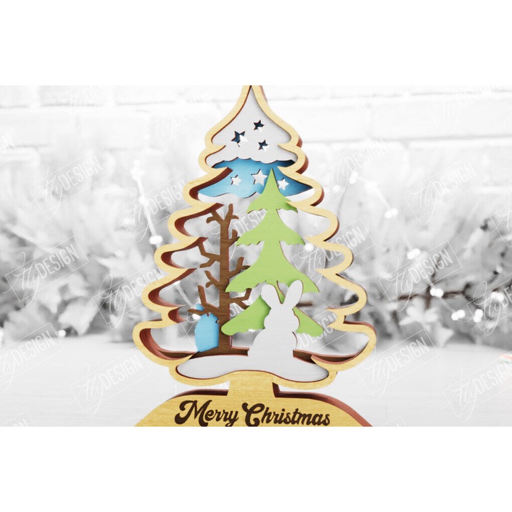 Brad de Craciun 3D din lemn, Intrahome, 15x15 cm, pentru decoratiuni si proiecte DIY