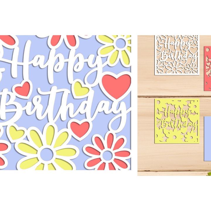 Carton 3D pentru aniversari cu flori, Intrahome, 8x8 cm, din plywood 3mm-4mm, set