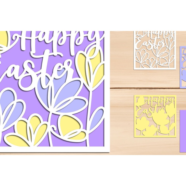 Set de felicitari Trisdiastate Paschaline Karta, Intrahome, 8x8 cm, din plywood 3mm-4mm, pentru decoratiuni si proiecte DIY