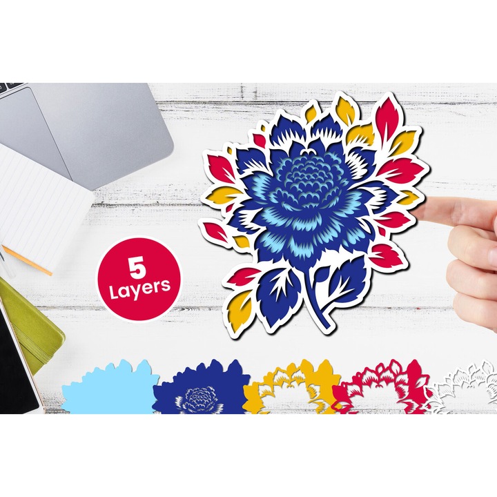 Decoratiune 3D din lemn, Intrahome, floare taiata in straturi, 12x12 cm, pentru proiecte DIY