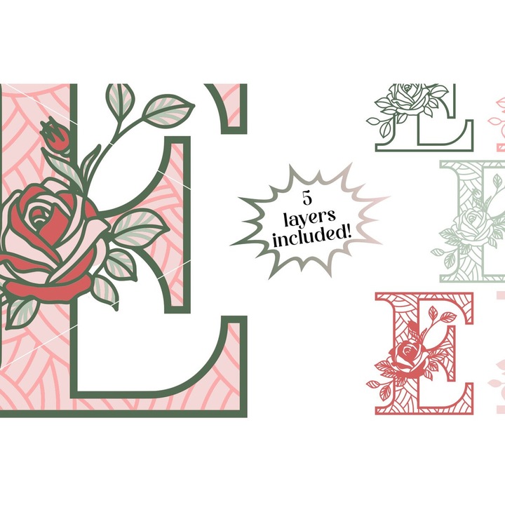 Litera 3D E - Monograma Roz, Plywood 3mm-4mm, 30x30 cm, Set Accesorii Decorative