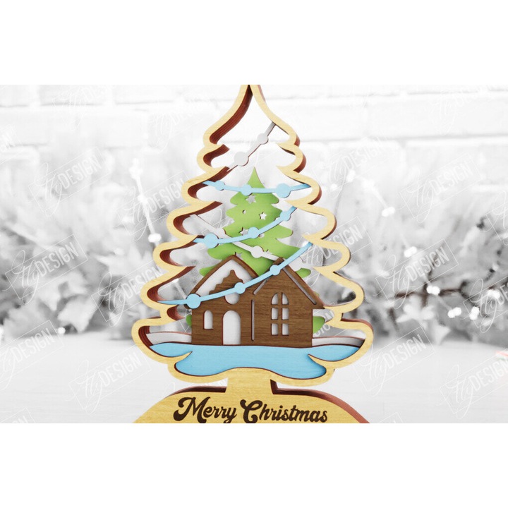 Brad de Craciun 3D din lemn, Intrahome, 15x15 cm, pentru decoratiuni si proiecte DIY