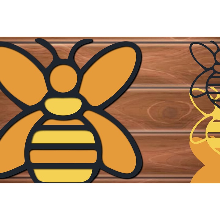 Placa lemn 3D Multi Layer Bee, Intrahome, 15x15 cm, din plywood 3mm-4mm, pentru decoratiuni si proiecte DIY