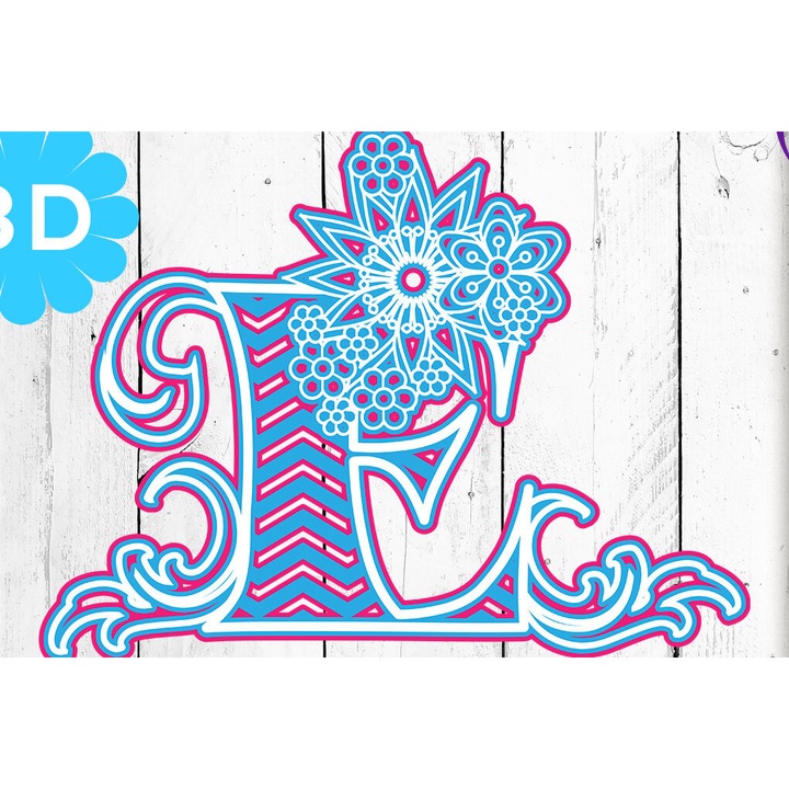 Litera E 3D Multilayer Floral Chevron, Intrahome, 40x40 cm, Plywood 3mm-4mm, pentru decoratiuni si proiecte DIY