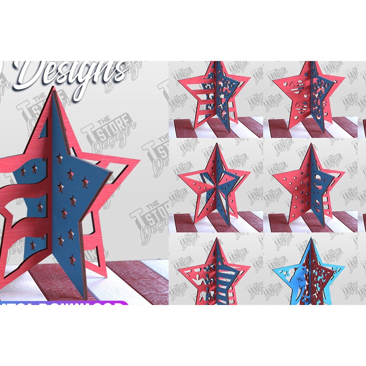 Set de decoratiuni 3D Stele Patriotice, Intrahome, Plywood 3mm-4mm, 15x15 cm