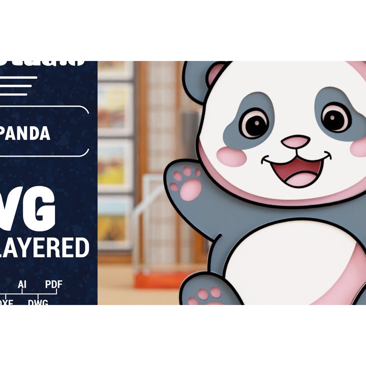 Decoratiune 3D Panda din lemn, Intrahome, 1500x1500cm, pentru taiere cu plotter, din plywood 3mm-4mm