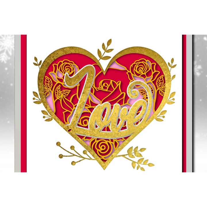 Cutie de Umbre 3D Valentine's Love Rose, Intrahome, Plywood 3mm-4mm, 25x25 cm, pentru decoratiuni si proiecte DIY