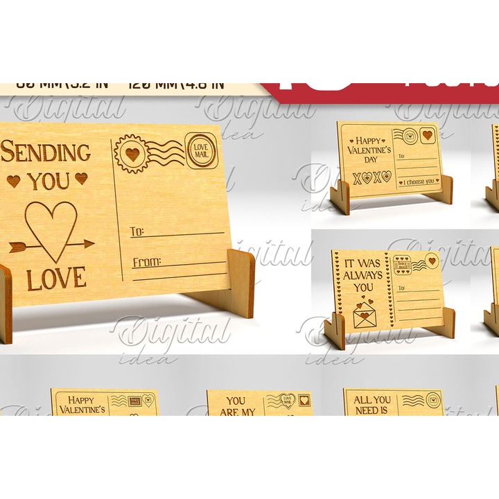 Set 3D kart postal pentru Ziua Indragostitilor, Intrahome, din plywood, 15x15 cm