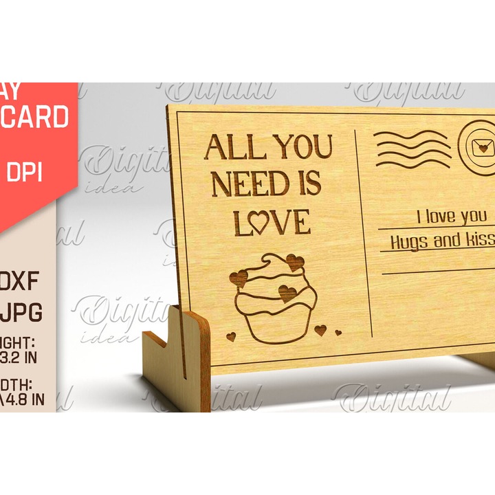 Kart postal 3D, Intrahome, pentru Ziua Indragostitilor, 15x15 cm, din plywood 3mm-4mm