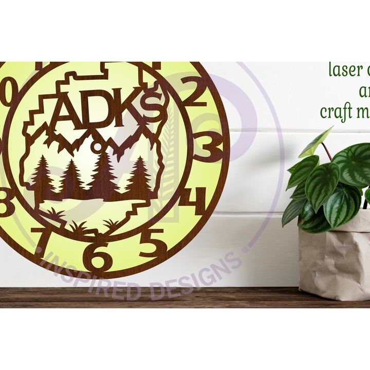 Ceas decorativ ADKs Adirondacks, 8x8 cm, din plywood, set de 2 bucati