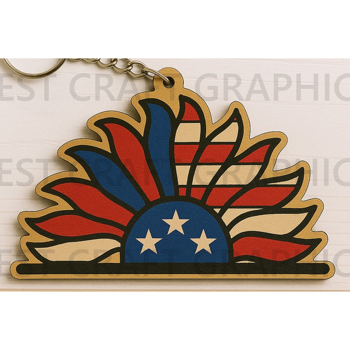 Breloc Sunflower American Flag, Mprelok, 6x6 cm, din plywood 3mm-4mm, pentru decorare si proiecte DIY
