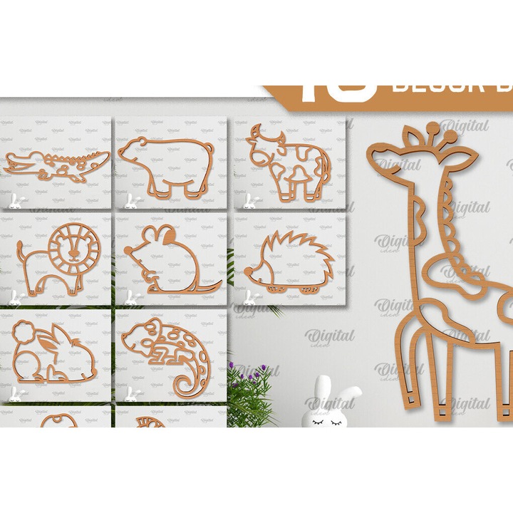 Decoratiune de perete Animals, Intrahome, taiat cu laser, 30x20 cm, din plywood 3mm-4mm