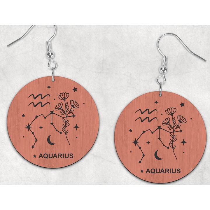 Cercei Boho Aquarius Zodiac, Intrahome, 2x2 cm, din plywood, set