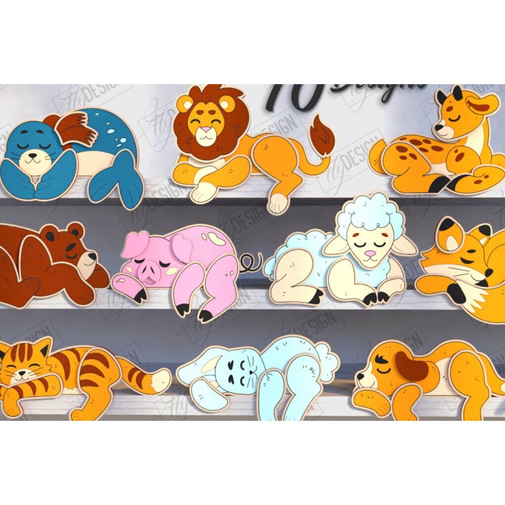 Set de decoratiuni din lemn, Intrahome, Animals Shelf Sitters, 15x15 cm, 3mm-4mm, design Schedio Pattern