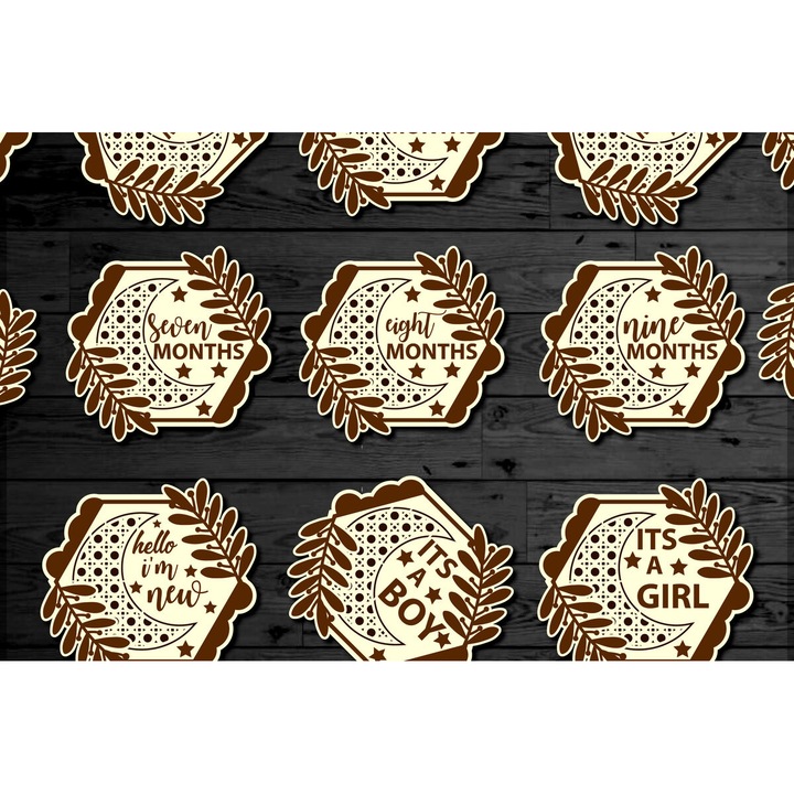 Set de carduri de aniversare pentru bebelusi Moon & Star, Intrahome, 15x15 cm, din plywood de calitate superioara